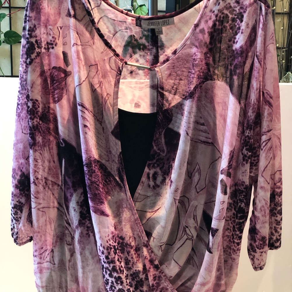 Jennifer Lopez Lavender and Plum Floral Soft Wrap Top Blouse